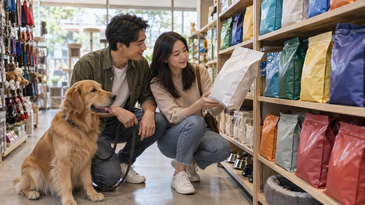 เจ้าของช่วยกันเลือกอาหารสัตว์โดยมีสุนัขนั่งอยู่ใกล้ในร้านที่เป็นมิตร