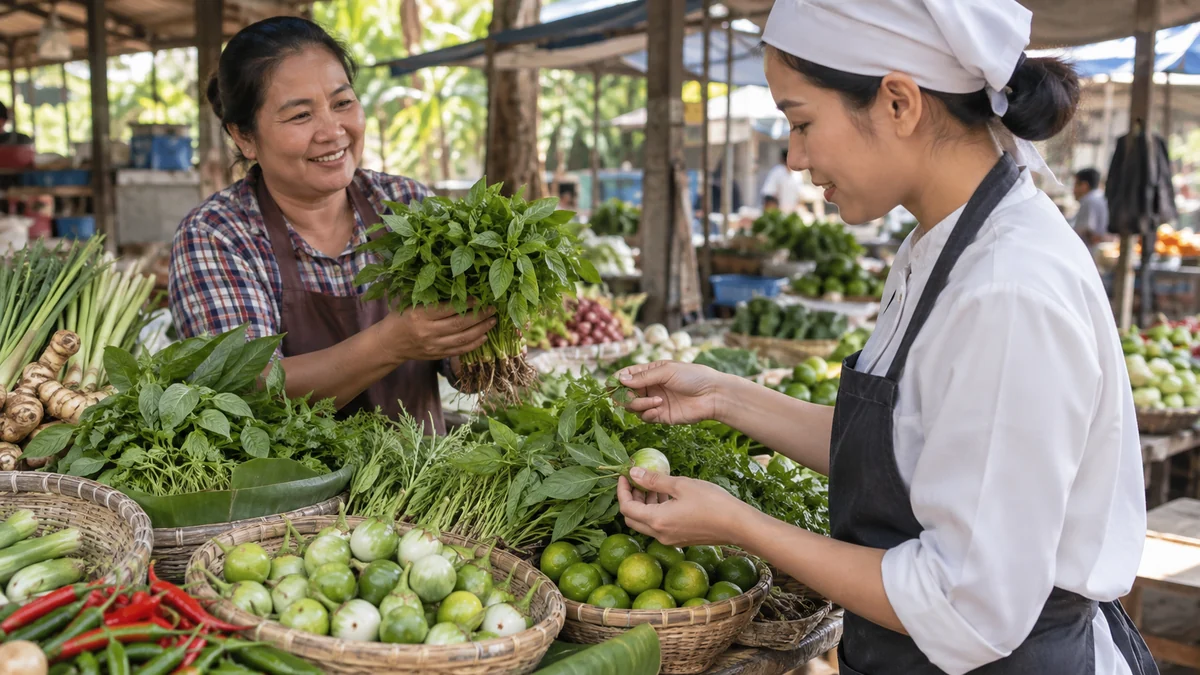 ผู้ปรุงเลือกผักและสมุนไพรสดร่วมกับผู้ขายเพื่อเตรียมอาหารไทยแต่ละวัน