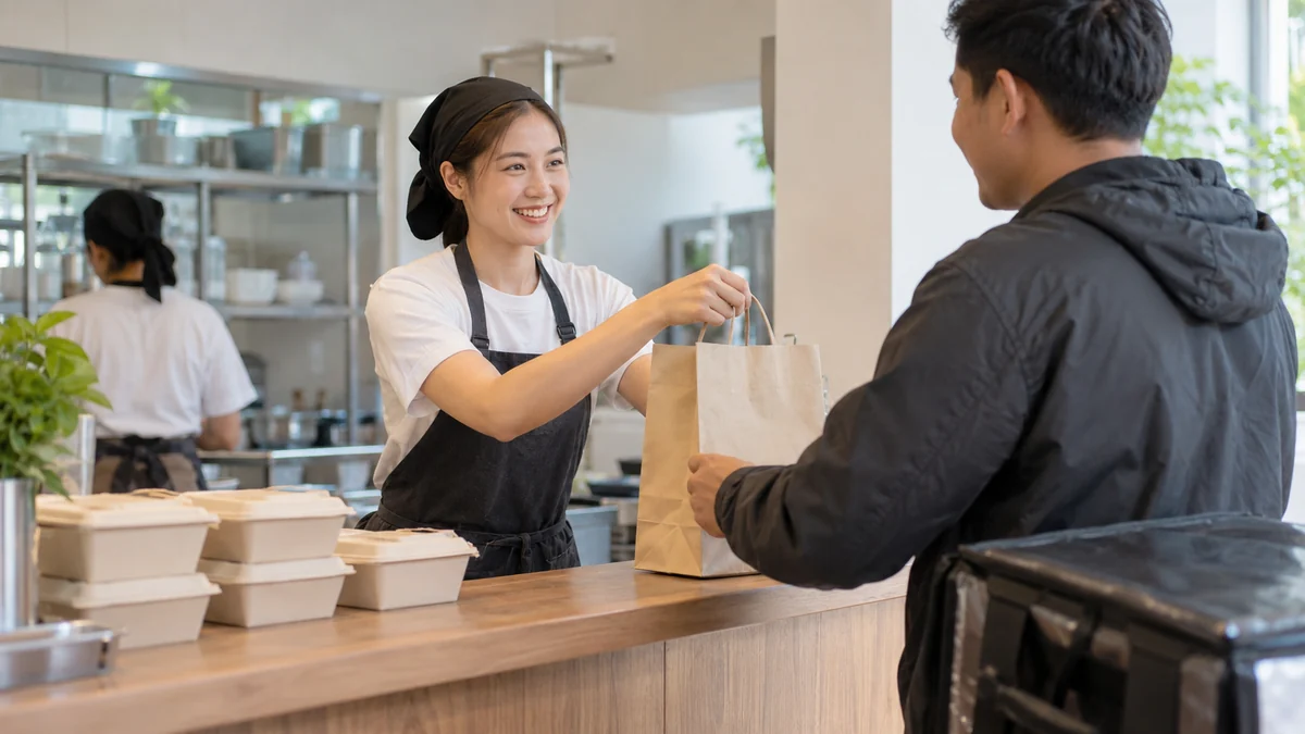 ทีมร้านส่งต่ออาหารที่บรรจุเรียบร้อยให้ผู้จัดส่งนำไปถึงลูกค้าอย่างสะดวก