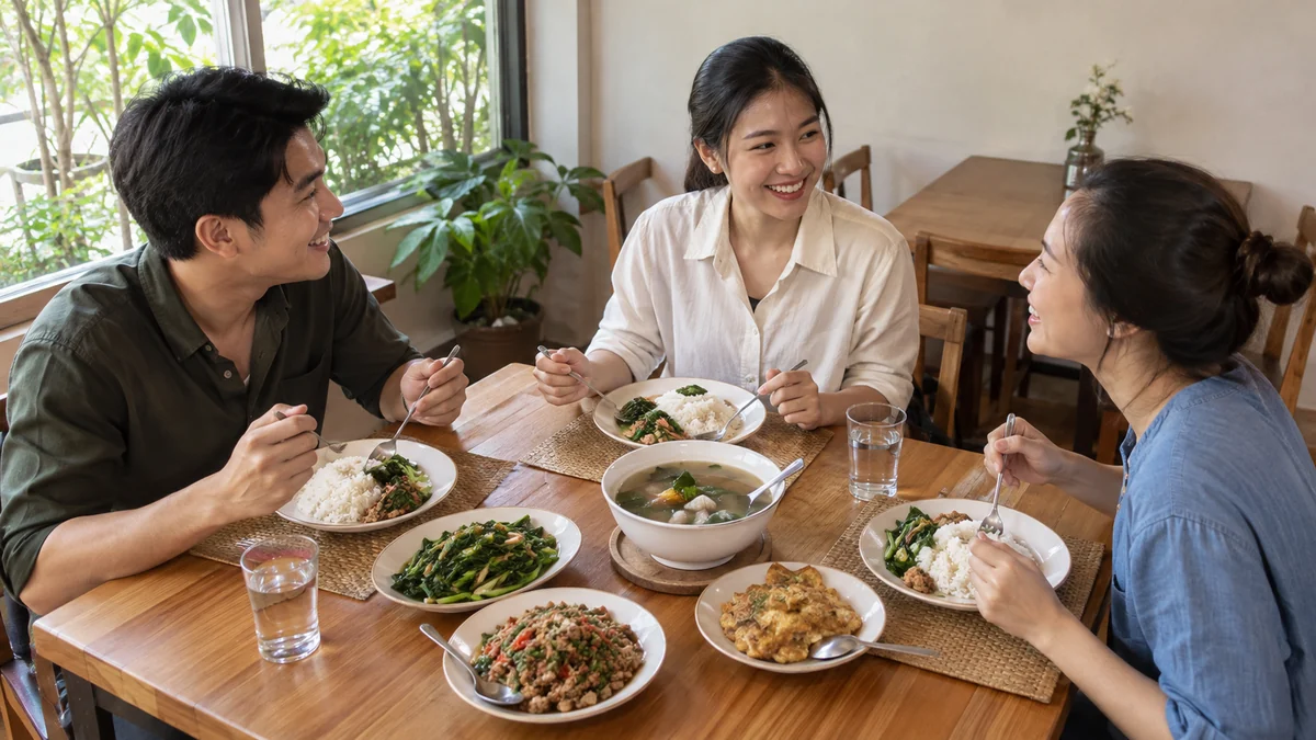 เพื่อนร่วมโต๊ะเพลิดเพลินกับอาหารไทยและบทสนทนาในบรรยากาศสบาย ๆ