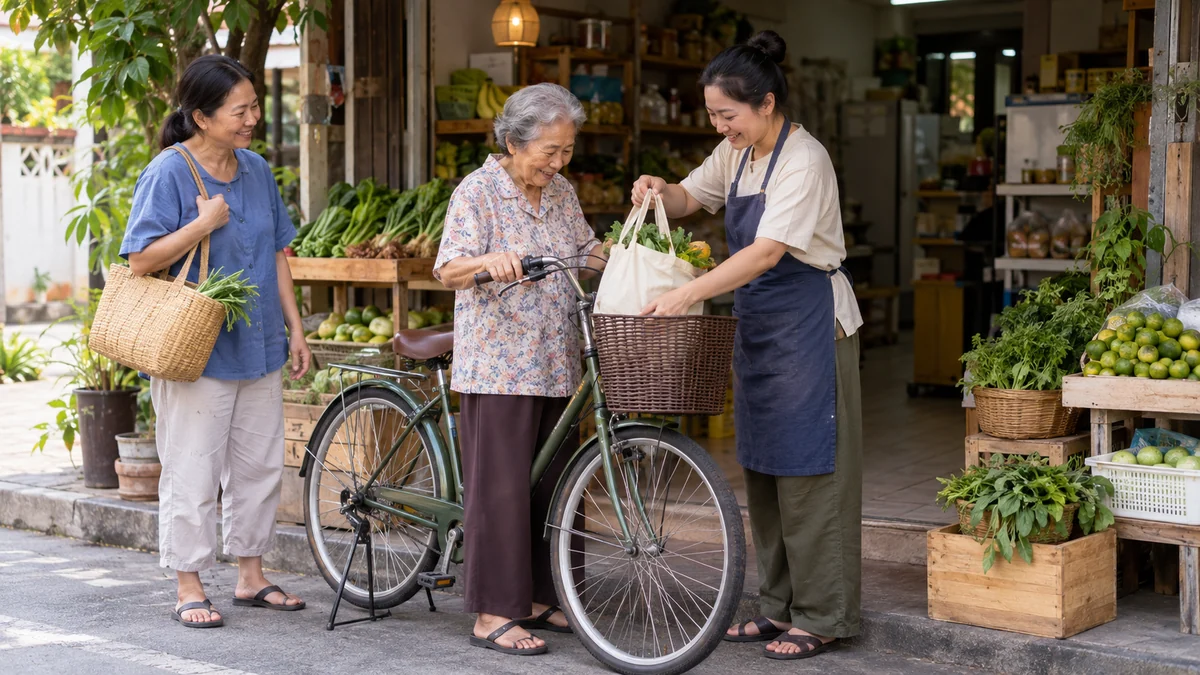 เจ้าของร้านช่วยลูกค้าสูงวัยจัดของลงตะกร้าจักรยานพร้อมรอยยิ้มจากเพื่อนบ้าน