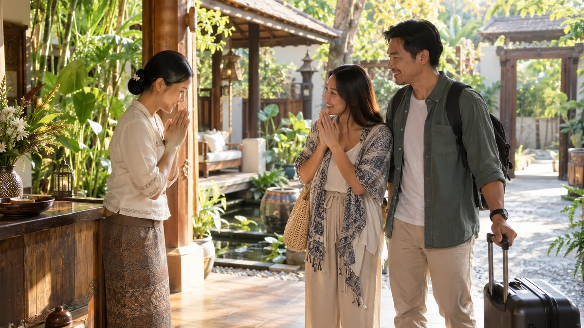 เจ้าบ้านต้อนรับแขกคู่หนึ่งด้วยรอยยิ้มในบรรยากาศโฮมสเตย์อบอุ่น
