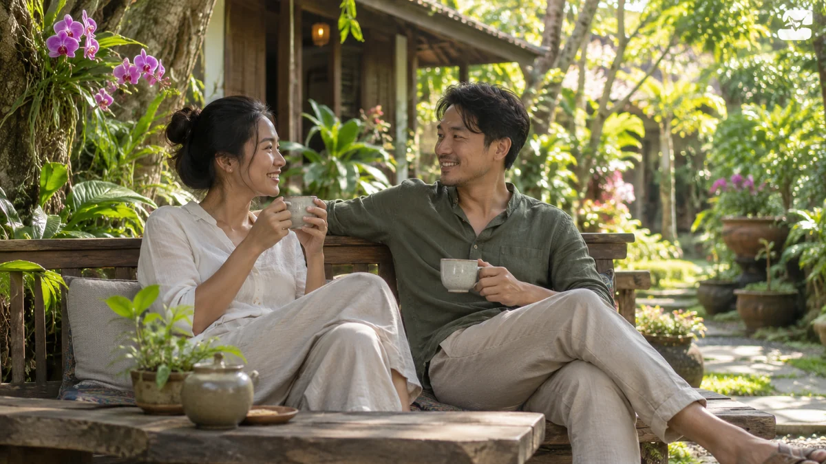 คู่ผู้เข้าพักนั่งพักผ่อนคุยกันในสวนสีเขียวของที่พักอย่างสบายใจ